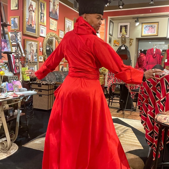 Long Red Dupioni Silk Wrap Dress - Picture 4 of 9